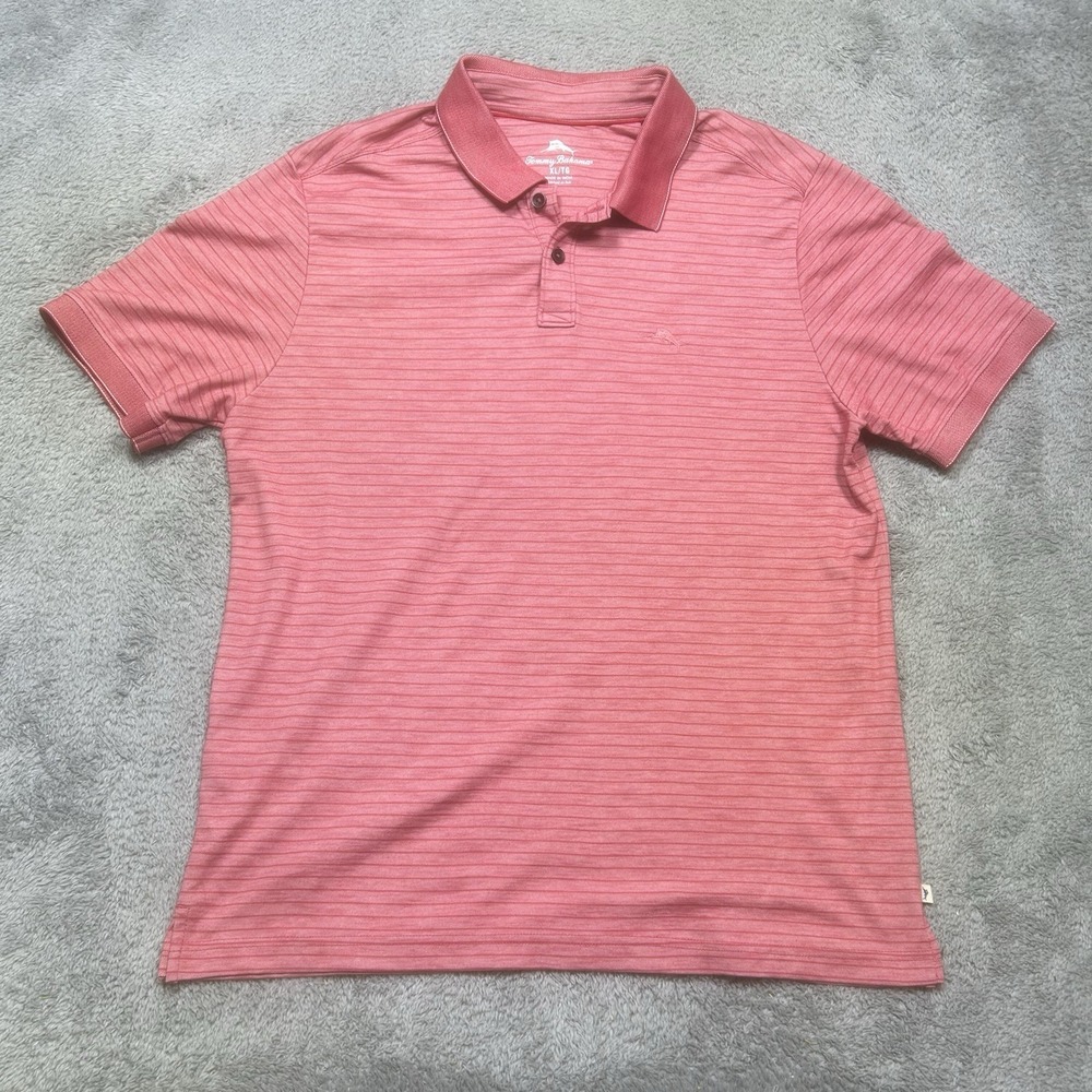 Tommy Bahama Polo Shirt Men XL Red Striped Short Sleeve Classic Golf Performance